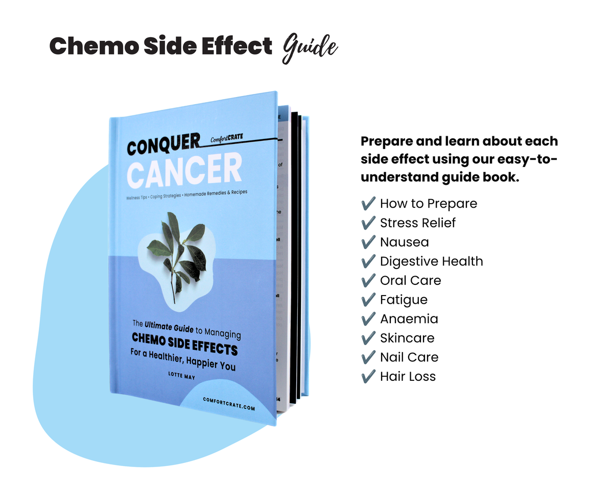 Inside pages of "Conquer Cancer" showcasing dedicated chapters for managing chemo side effects like nausea, fatigue, and hair loss. A practical and supportive cancer care book.