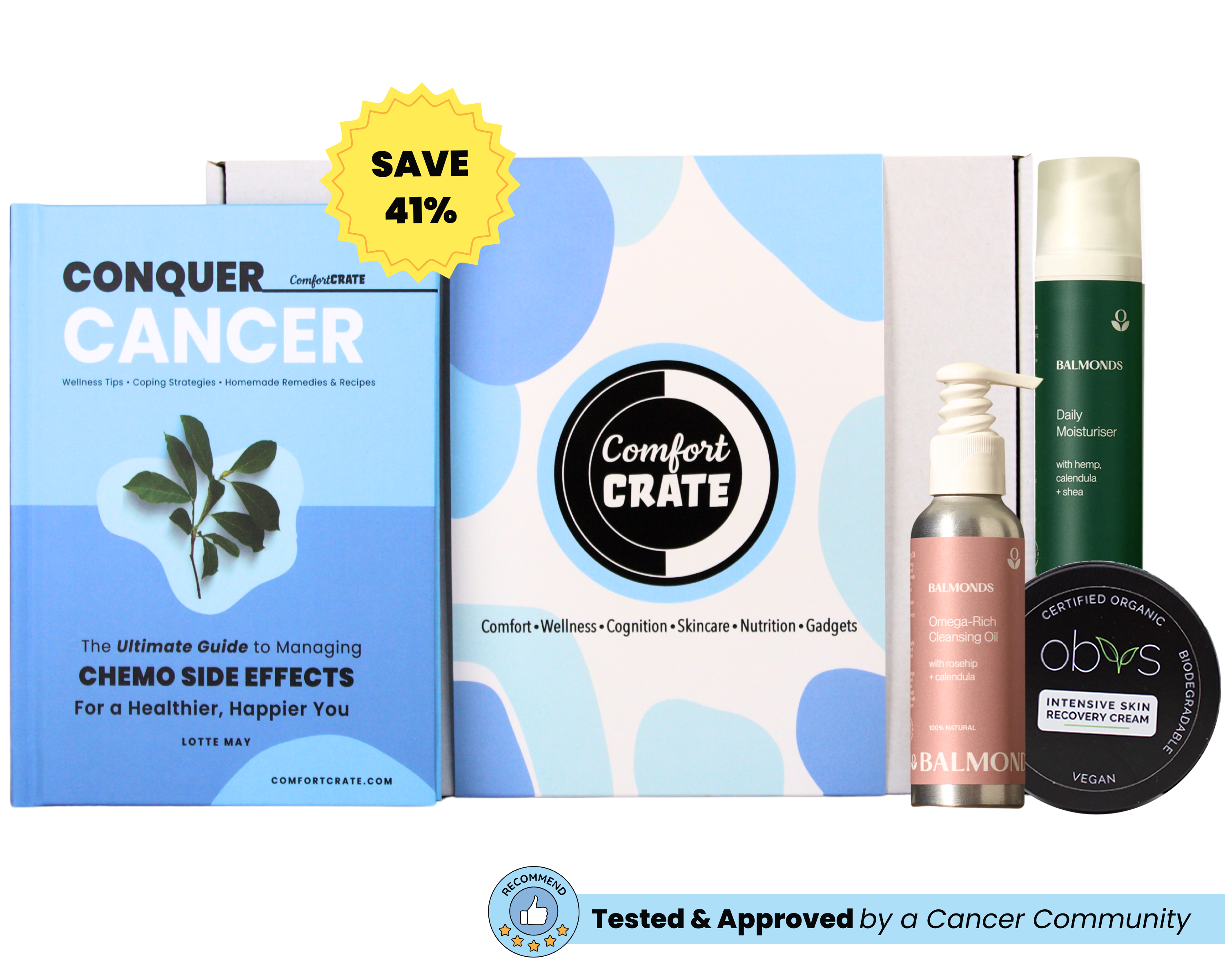 Skincare gift set with an optional guidebook for managing chemotherapy side effects.