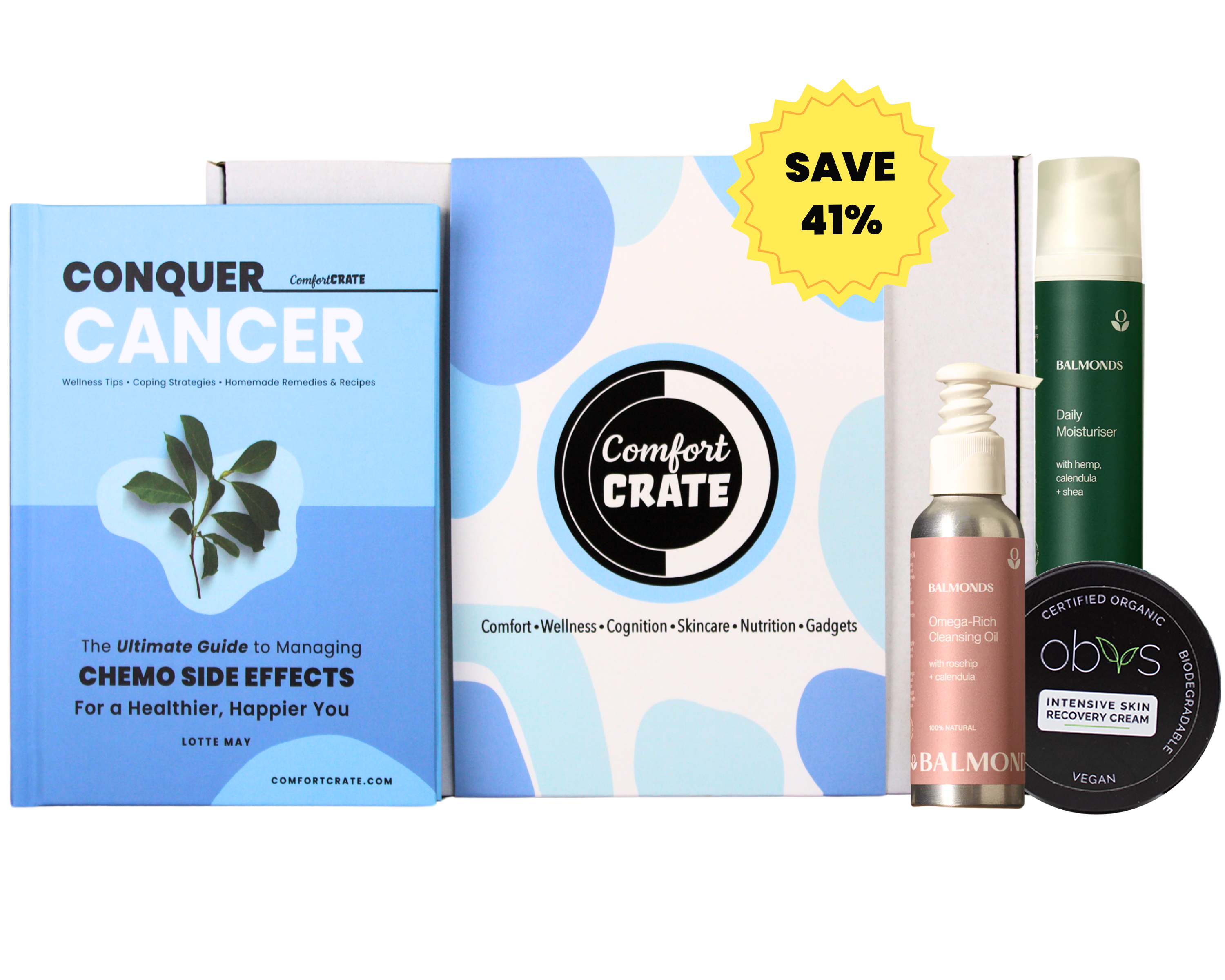 Skincare gift set with an optional guidebook for managing chemotherapy side effects.